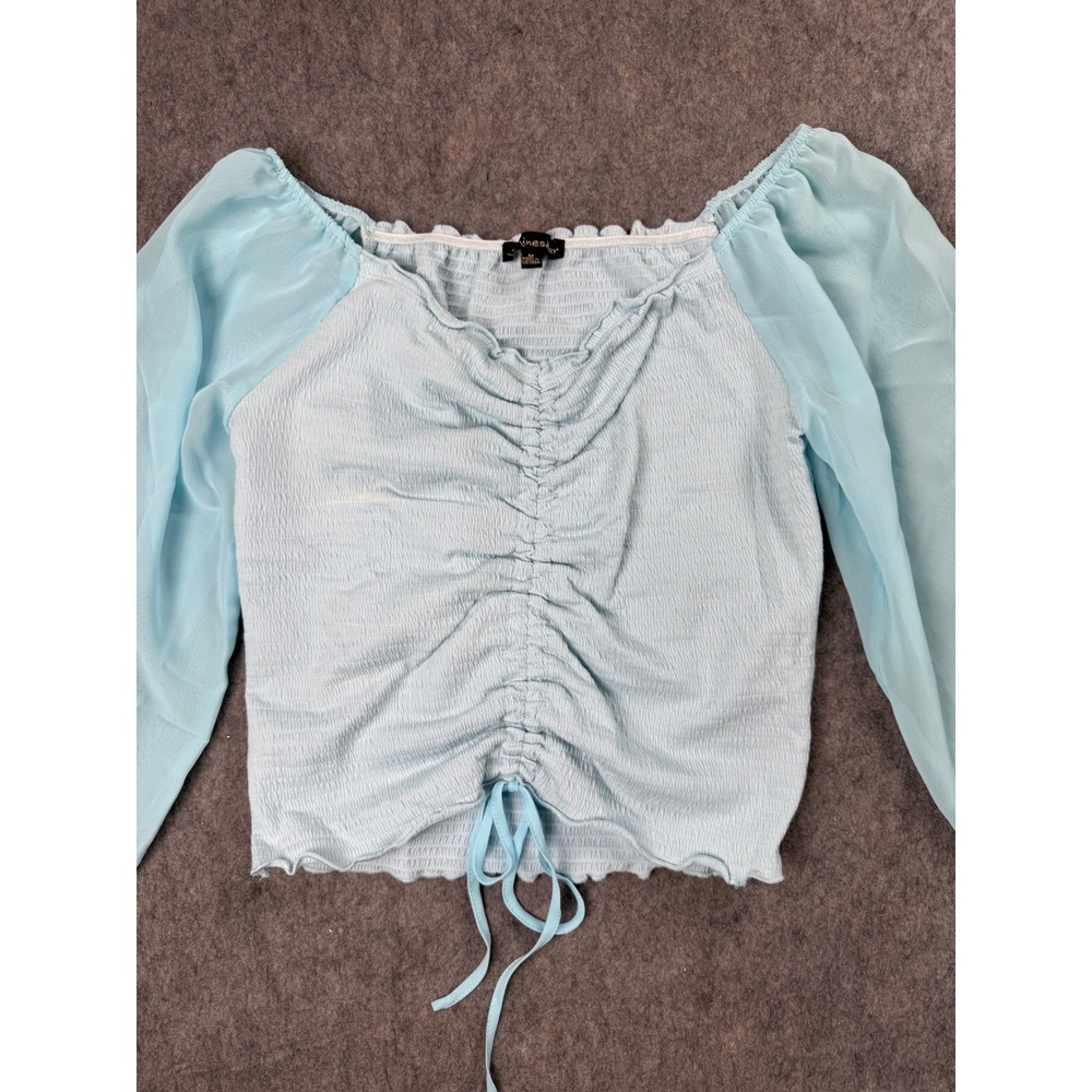 Shinestar Light Blue Smocked Ruched Sheer Balloon Sleeve Crop Top Mens Medium - Picture 2 of 6
